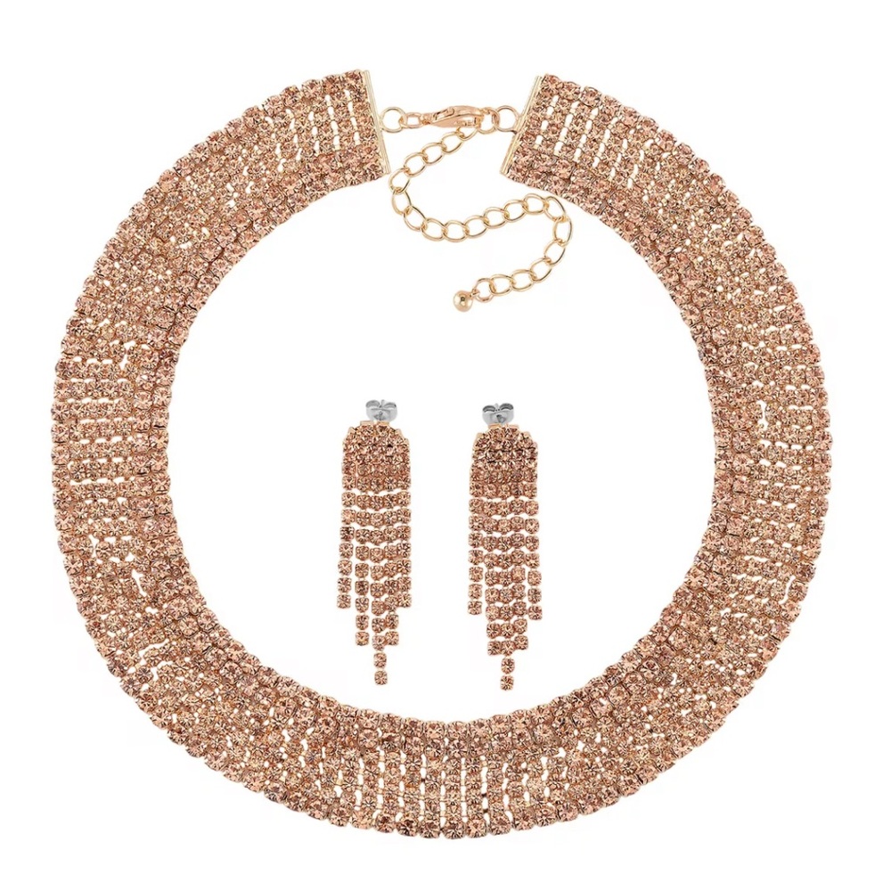 Champagne Australian Crystal Necklace and Earrings in Rosetobe